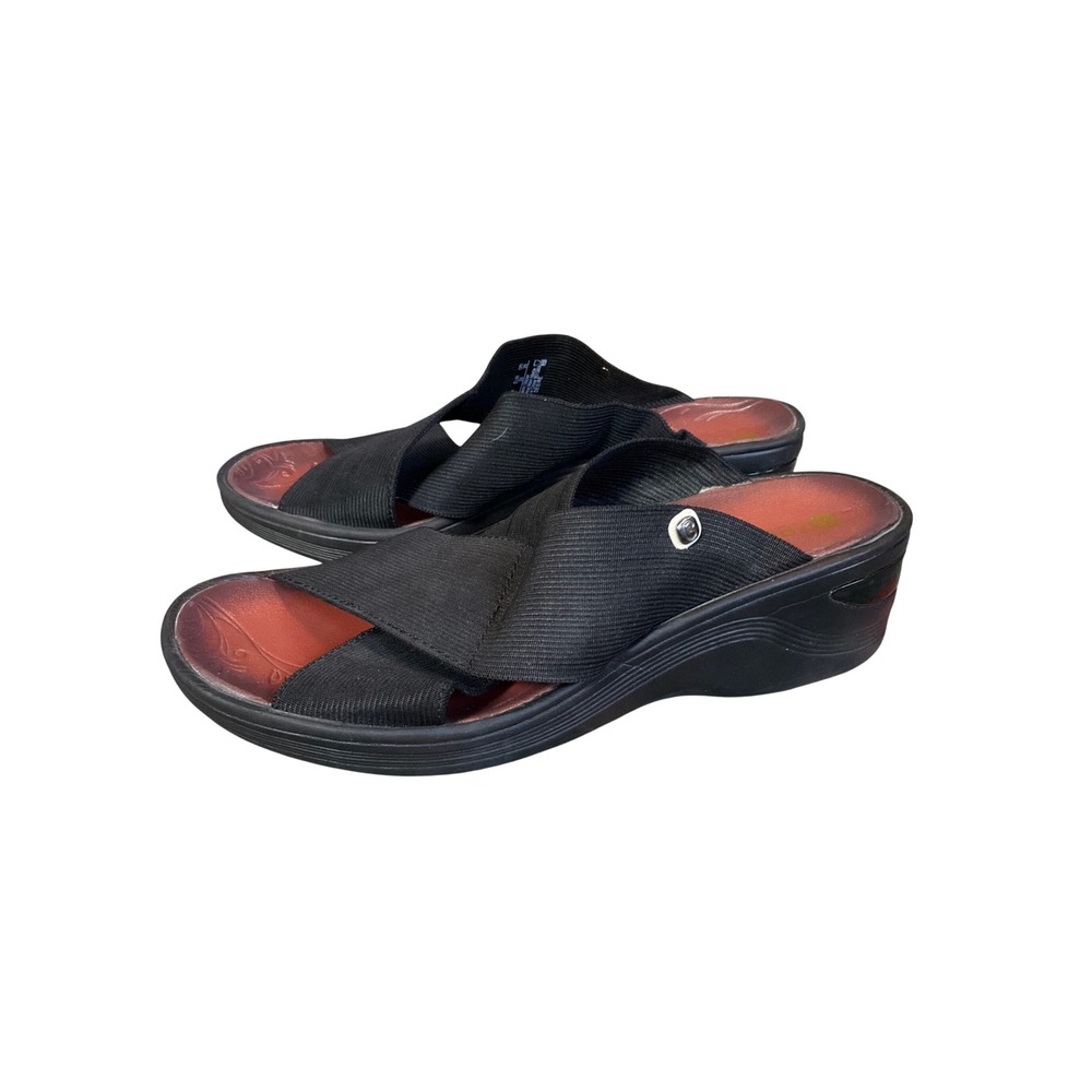 Bzees Desire Wedge Sandals Womens 9M Black Crisscross Stretch Slide Shoes
